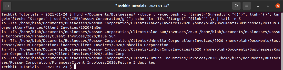 Image showing the test output of our one-line command to update symlinks