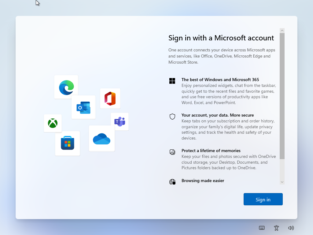 Windows 11 Setup screen that requires you to sign in with a Microsoft Account. The screen is titled “Sign in with a Microsoft account”, and then lists some of the benefits of using a Microsoft account. The only clickable button is the “Sign In” button.