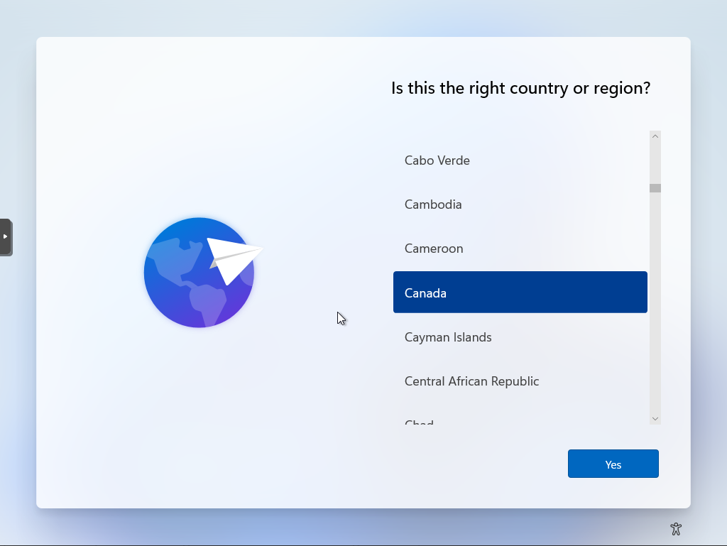 Windows 11 Setup screen to choose the country or region. The screen is titled “Is this the right country or region?” The list of countries is scrolled down to countries beginning with “C”, with “Canada” selected in blue.