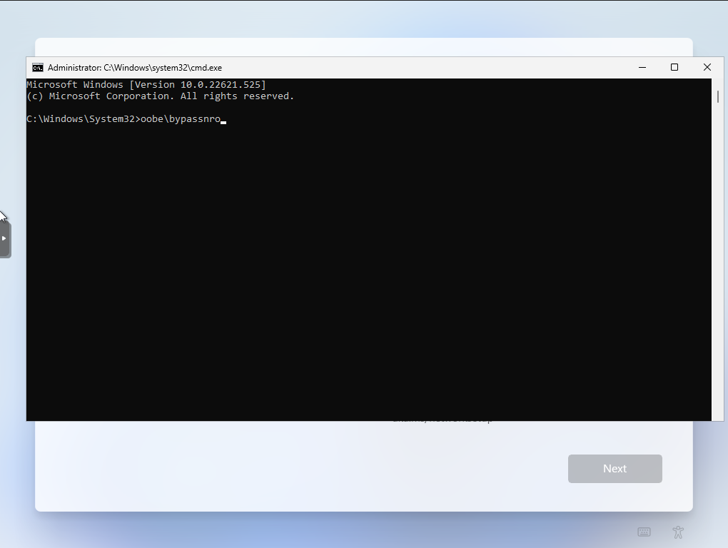 The same command prompt window as previous, that has the command “oobe\bypassnro” entered.