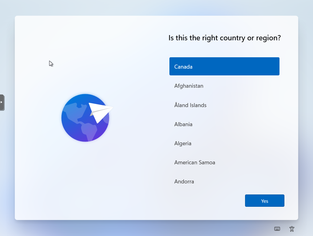 Windows 11 Setup screen to choose the country or region. The screen is titled “Is this the right country or region?” The top of the list is the country chosen previously during setup, in this case “Canada”. Canada is highighted in blue.