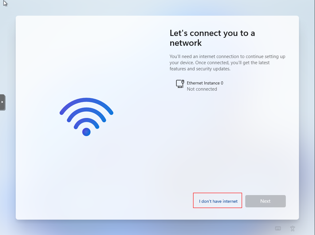 Windows 11 Setup screen titled “Let’s connect you to a network.” Unlike the previous version of this screen, there is now an additional option titled “I don’t have internet”. A red rectangle has been added to the image around that option.