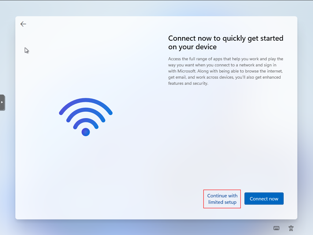 Windows 11 Setup screen titled “Connect now to quickly get started on your device”. There are two options in the lower right. The first is “Connect Now” highlighted in blue. The other option is “Continue with limited setup”. A red rectangle around this option has been added to the image. 