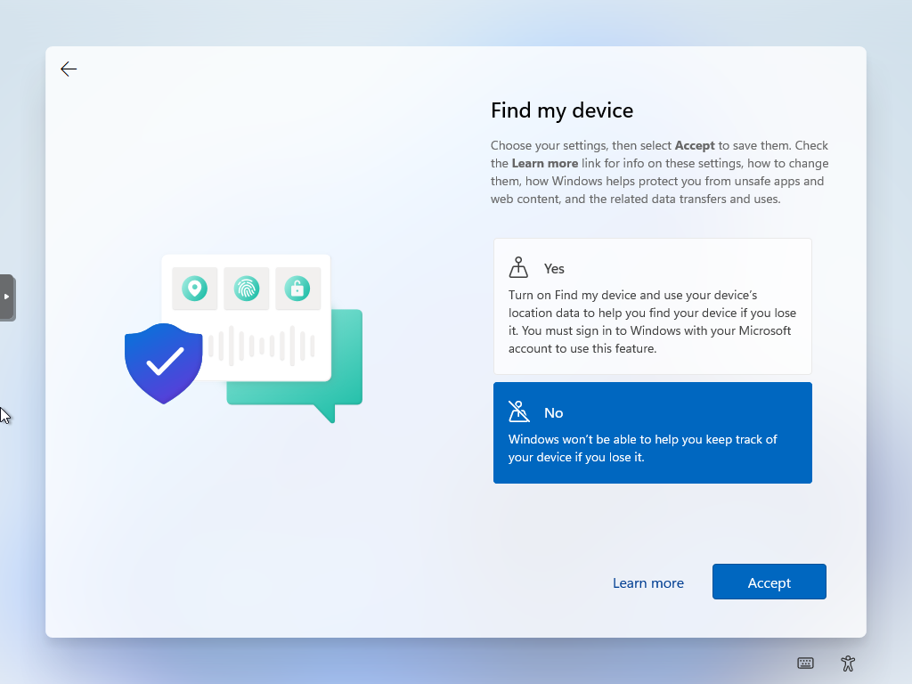 Windows 11 Setup screen titled “Find my device”. There are two choices, “Yes” or “No”. No is chosen, The option to move forward is labelled “Accept” and is highlighted in blue