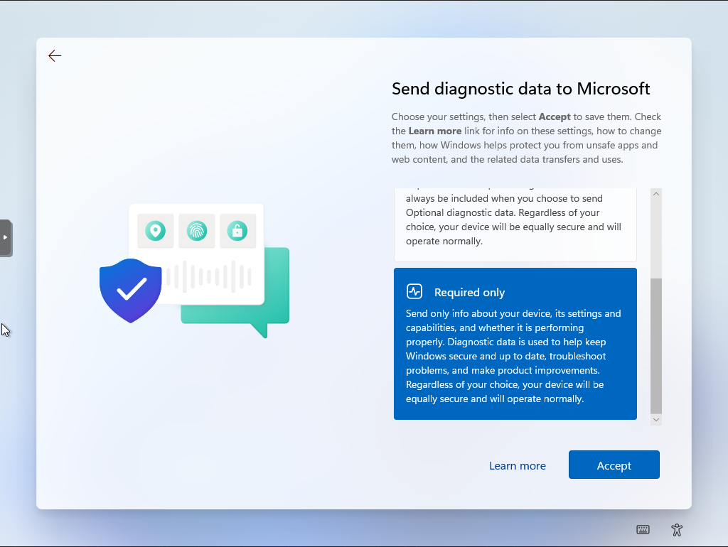 Windows 11 Setup screen titled “Send diagnostic data to Microsoft”. There are two choices. Only one choice “Required Only” can be seen as the options are scrolled down. Required only is chosen, The option to move forward is labelled “Accept” and is highlighted in blue