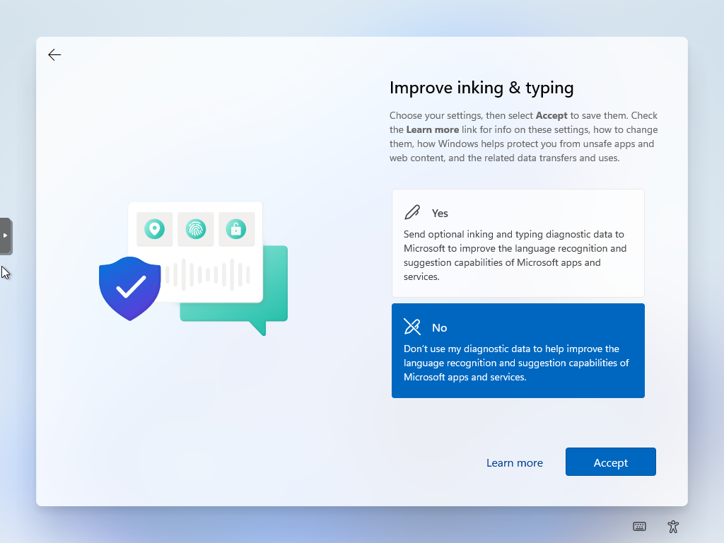 Windows 11 Setup screen titled “Improve inking & typing”. There are two choices, “Yes” or “No”. No is chosen, The option to move forward is labelled “Accept” and is highlighted in blue