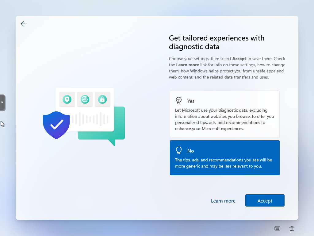Windows 11 Setup screen titled “Get tailored experiences with diagnostic data”. There are two choices, “Yes” or “No”. No is chosen, The option to move forward is labelled “Accept” and is highlighted in blue