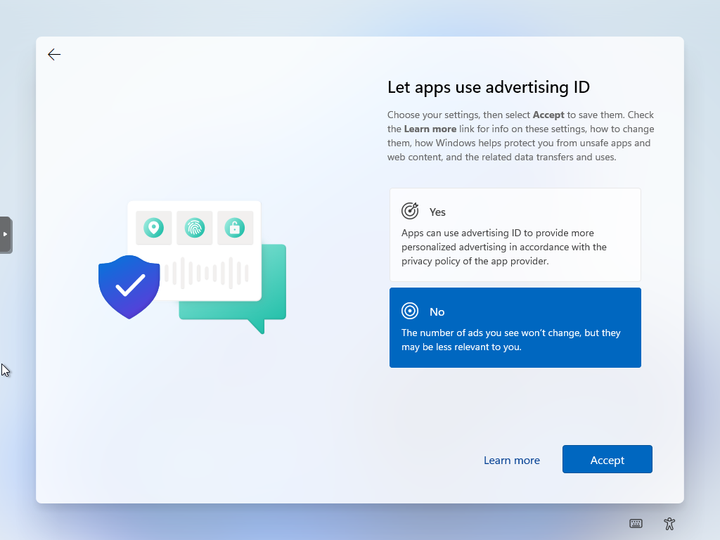 Windows 11 Setup screen titled “Let apps use advertising ID”. There are two choices, “Yes” or “No”. No is chosen, The option to move forward is labelled “Accept” and is highlighted in blue