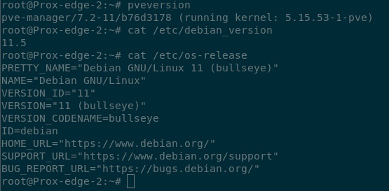 Terminal output showing the pve version is 7.2-11, debian is version 11.5, and the codename is ‘bullseye’