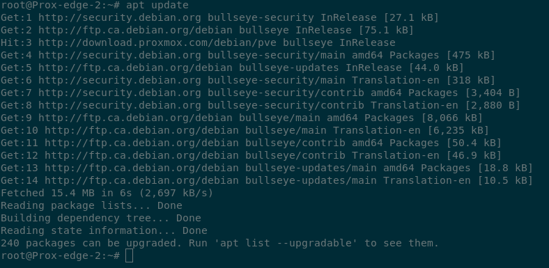 Terminal output from ‘apt update’ showing that 240 packages can be upgraded
