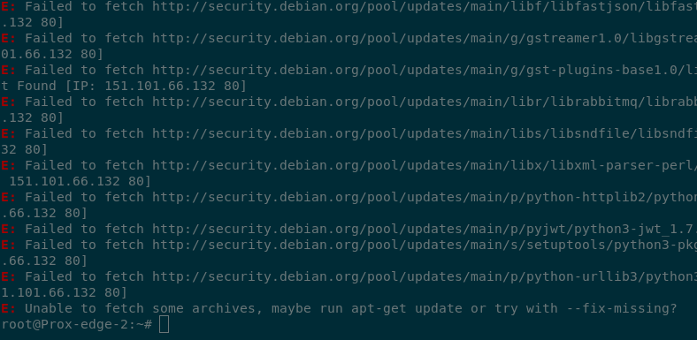 Terminal output showing apt is failing to fetch from the repo sources.