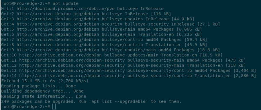 Terminal output from ‘apt update’ showing that 240 packages can be upgraded.