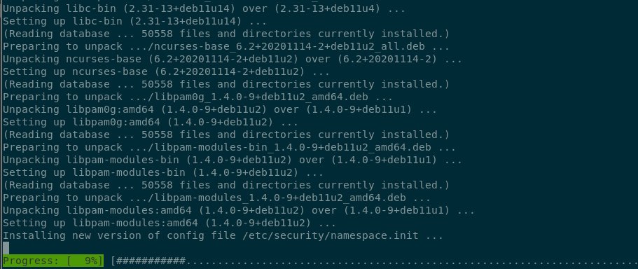 Terminal output showing apt is unpacking and setting up new versions of the packages. The current progress is at 9%.