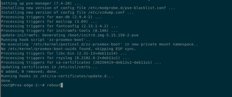 Terminal output showing the updates have completed. The ‘reboot’ command awaits on the prompt