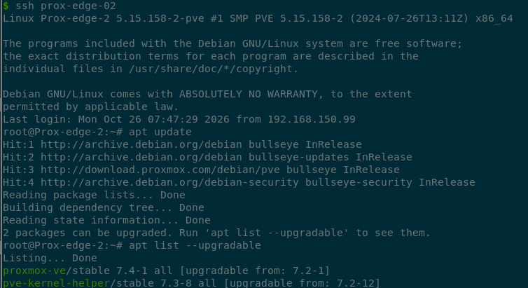 Terminal output showing the package lists have been updated and there are two packages that can be upgraded.