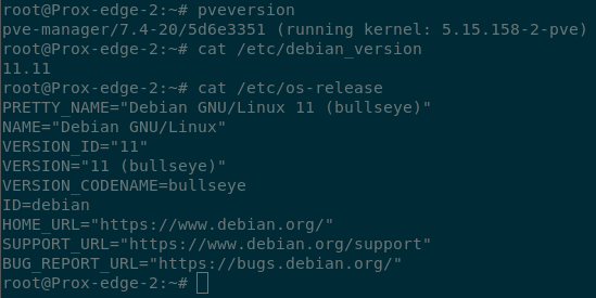 Terminal Output showing the pve version is 7.4-20, Debian is now 11.11