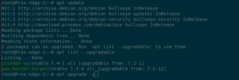 Terminal output showing the apt sources being refreshed, and then the two packages attempting to be installed using apt upgrade.