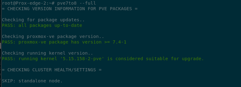 Terminal output showing some of the checks being performed by the pvr7to8 readiness script