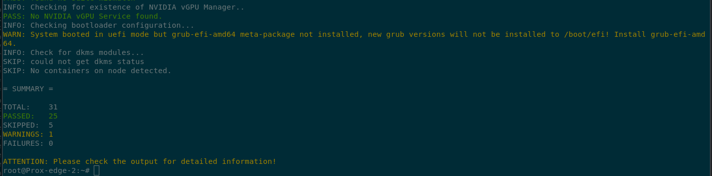 Terminal output of the pve7to8 readiness check showing 31 checks total, 25 passed, 5 skipped, 1 warning and 0 failures. The warning states to install the grub-fi-amd64 package.