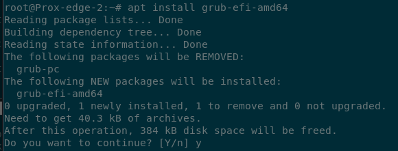 Terminal output showing the grub-efi-amd64 package being installed