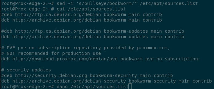 Terminal output showing sed being used to update the contens of the /etc/apt/sources.list file to change ‘bullseye’ to ‘bookworm’. The contents of the /etc/apt/sources.list file are then displayed showing this change.
