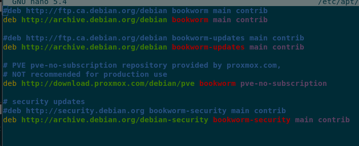 The /etc/aptr/sources.list file open in the nano text editor