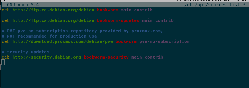 The nano editor showing the current repo sources in /etc/apt/sources.list using the ‘ftp.ca.debian.org’ and ‘security.debian.org’ URLs.