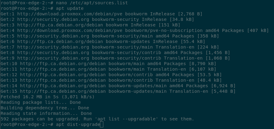 Terminal output showing the packages sources being refreshed with apt update and that 592 packages can be upgraded.