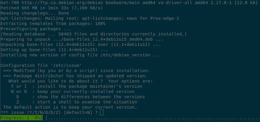 Terminal output of the upgrades that have started. A question is asked to keep or replace the /etc/issue file