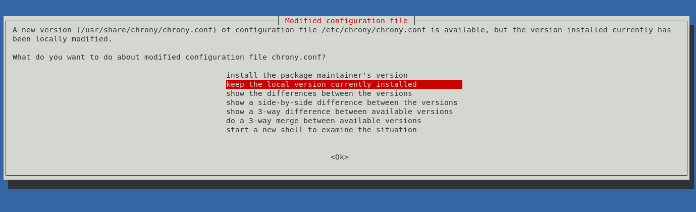 Another question, this time asking if the file /etc/chrony/chrony.conf should be kept or replaced. The option to keep the existing file is selected