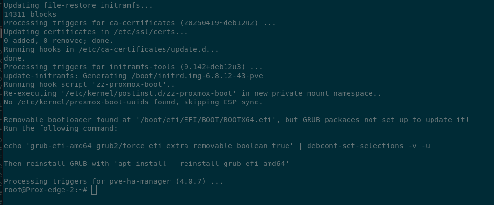 Terminal output showing the upgrade has finished, but there are additional steps to perform for the grub-efi-amd64 package