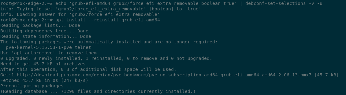 Terminal output showing the grub-efi-amd64 package being reinstalled