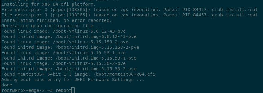 Terminal output of the grub-efi-amd64 package finished installation. The system is now ready to reboot
