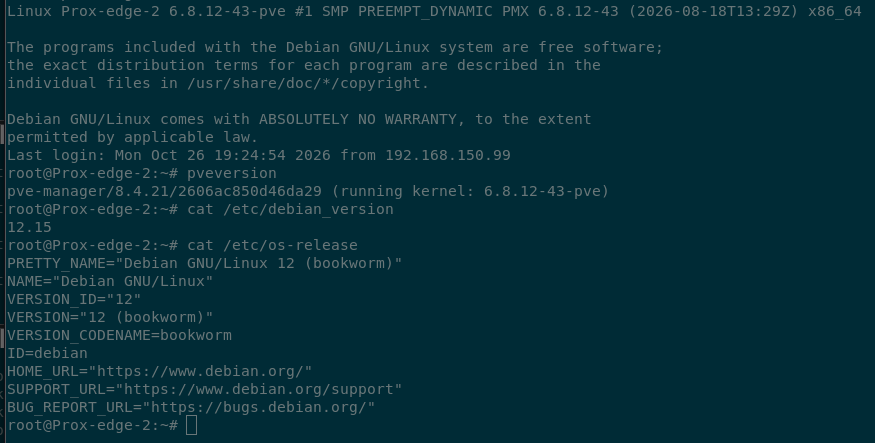 Terminal output showing the proxmox version is 8.4.21, Debian is now version 12.15 and is codenamed ‘bookworm’
