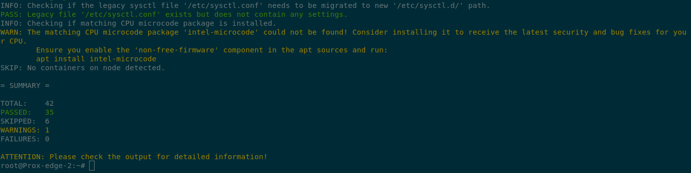 Terminal output of the pve8to9 readiness checks. 42 checks total, 35 passed, 6 skipped, 1 warning. The warning is the intel-microcode package was not found and should be installed