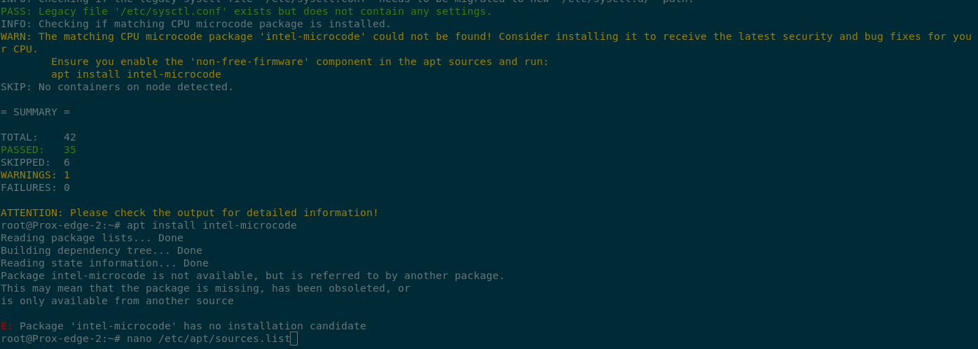 Terminal output showing a failure when trying to install the intel-microcode package as it needs to be installed from the ‘non-free-firmware’ repo which is not currently enabled