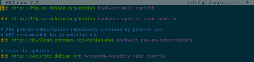 The /etc/apt/sources.list file open in the nano text editor again showing the now-current unedited sources
