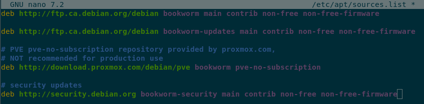 The /etc/apt/sources.list file open in the name text editor with the ‘non-free’ and ‘non-free-firmware’ options added to the debian.org repos.