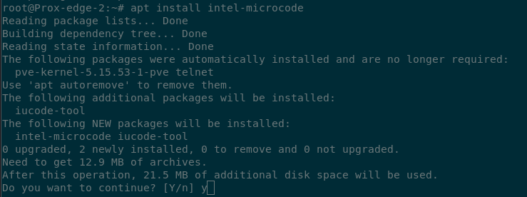 Terminal output showing the intel-microcode package being installed