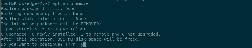 Terminal output showing the command ‘apt autoremove’ removing the two packages that are no longer needed.