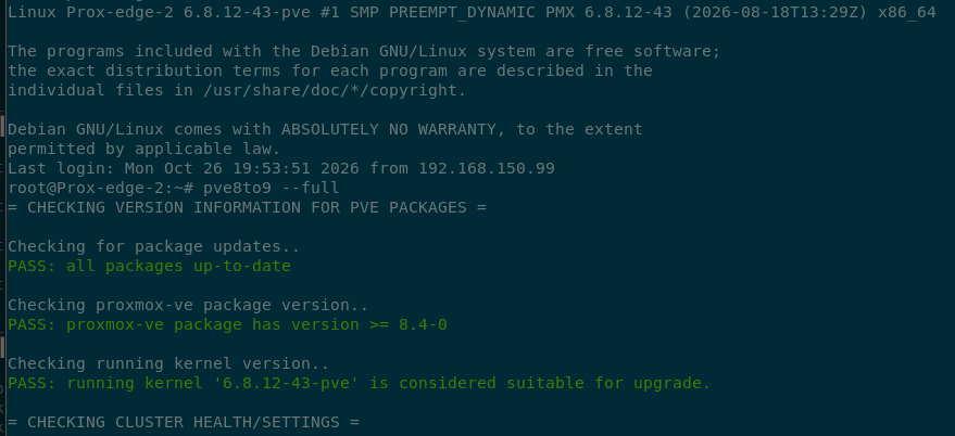 Terminal output of some of the checks performed by the pve8to9 readiness check.