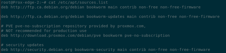 Terminal output showing the contents of the /etc/apt/sources.list file using the ‘cat’ command.