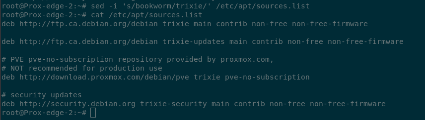 Terminal output showing the ‘sed’ command being used to replace the text ‘bookworm’ with the text ‘trixie’ in the /etc/apt/sources.list file. The ‘cat’ command is then used to display the contents of the /etc/apt/sources.list file, showing the changes.