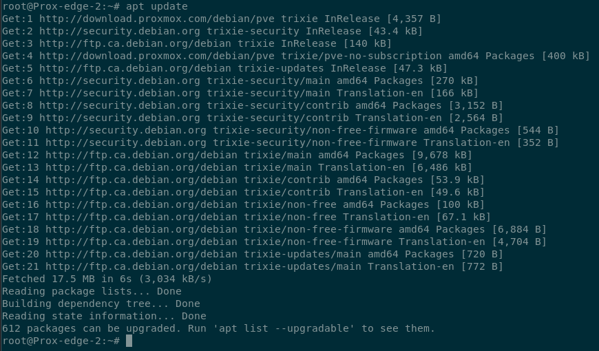 Terminal output showing the package sources being updated again with the apt update command and that 612 packages can be upgraded.