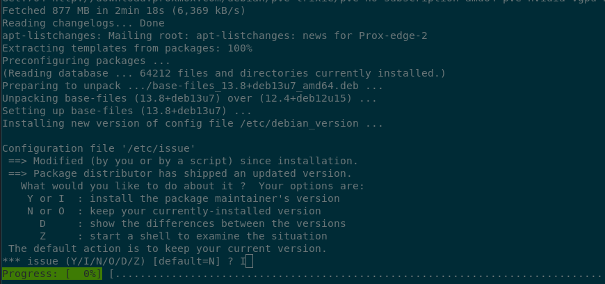 Terminal output asking if the /etc/issue file should be kept or replaced.