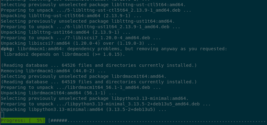 Terminal output of dist-upgrade at work. The progress is at 5%.