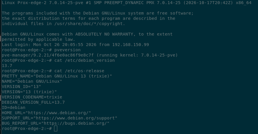 Terminal output showing the proxmox version is 9.2.21, and the DEbian version is 13.7, codenamed ‘trixie’.