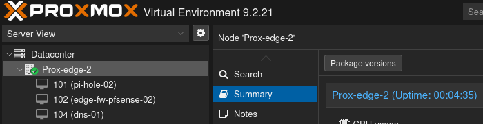 Screenshot of a section of the Proxmox GUI showing the version number is 9.2.21.