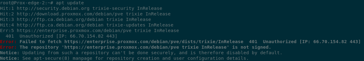 Terminal output showing errors when trying to run apt update, as the Proxmox enterprise repo cannot be contacted because the system does not have a valid registration key.