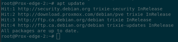 Terminal output showing apt update running with no errors and also having no packages to update, indicating the system is now fully up to date.